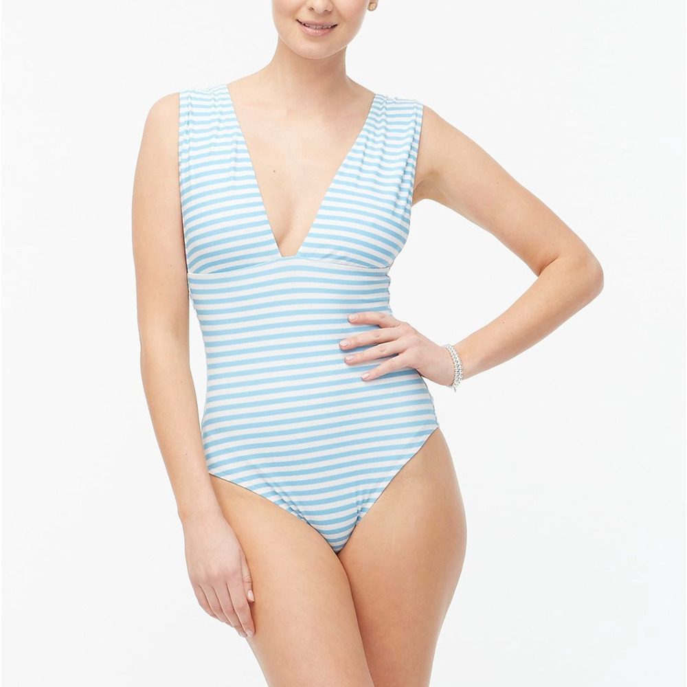 J Crew Blue Stripe Wide Strap V-Neck One Piece Swimsuit Size XLarge